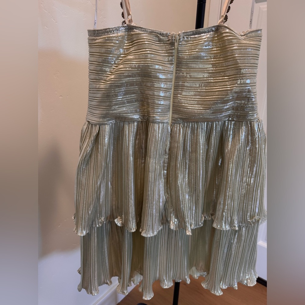 Lulu's Metallic Silver Pleated Bustier Mini Dress with Pearl-Strap Detail - Picture 4 of 6